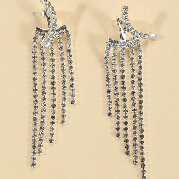 Silver Women's Wedding Long Tassel Rhinestone Earrings formal wedding - Picture 3 of 4